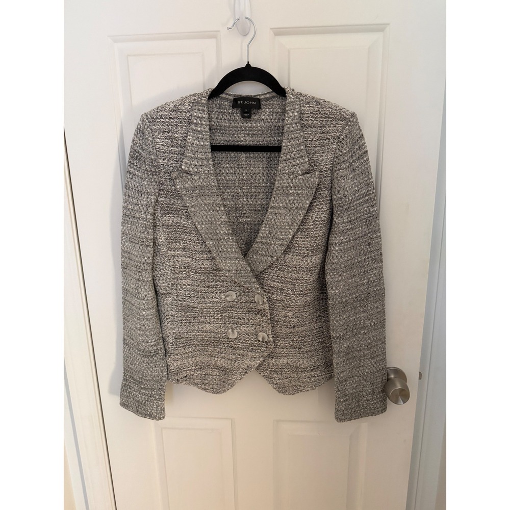 St. John Grey White Textured Knit Double Breasted Blazer Jacket Size 12 USA